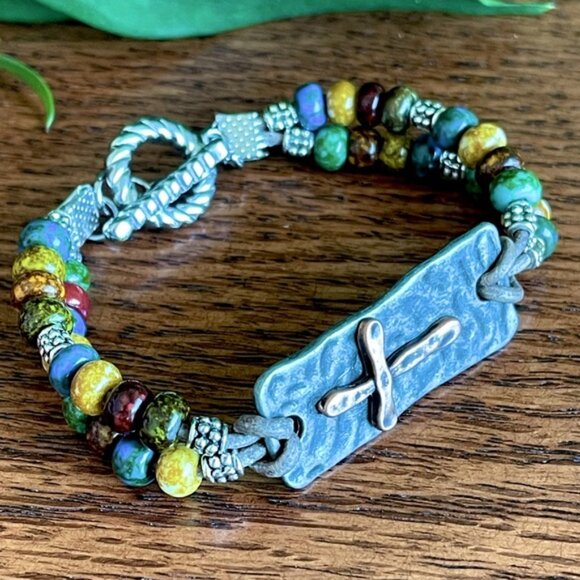 Boho Glass Bead Leather Bracelet - Picture 8 of 9